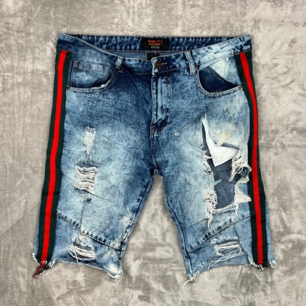 Rage of a Rebellion Men's Distressed Acid Wash Denim Shorts with Stripes Size 38